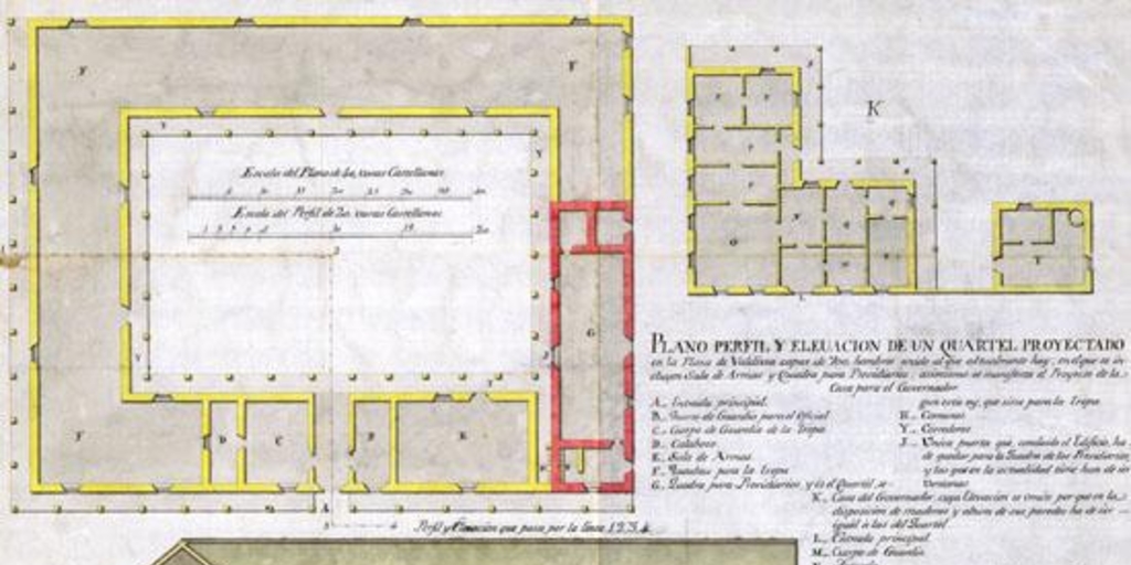 Plano perfil y elevacion de un cuartel proyectado en la plaza de Valdivia capaz de 700 hombres unido al que actualmente hay...