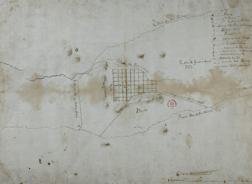 Plano de la ciudad de Chillán indicando las posiciones militares en 1813