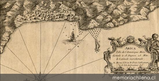 Arica [mapa], ville de l'Amerique Meridionale à 18 Degrez, 28. Min. de Latitude meridionale :A. Morne d'Arica. B. Fonds Sablevazeur. C. Isle des Gouelans