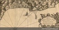 Arica [mapa], ville de l'Amerique Meridionale à 18 Degrez, 28. Min. de Latitude meridionale :A. Morne d'Arica. B. Fonds Sablevazeur. C. Isle des Gouelans