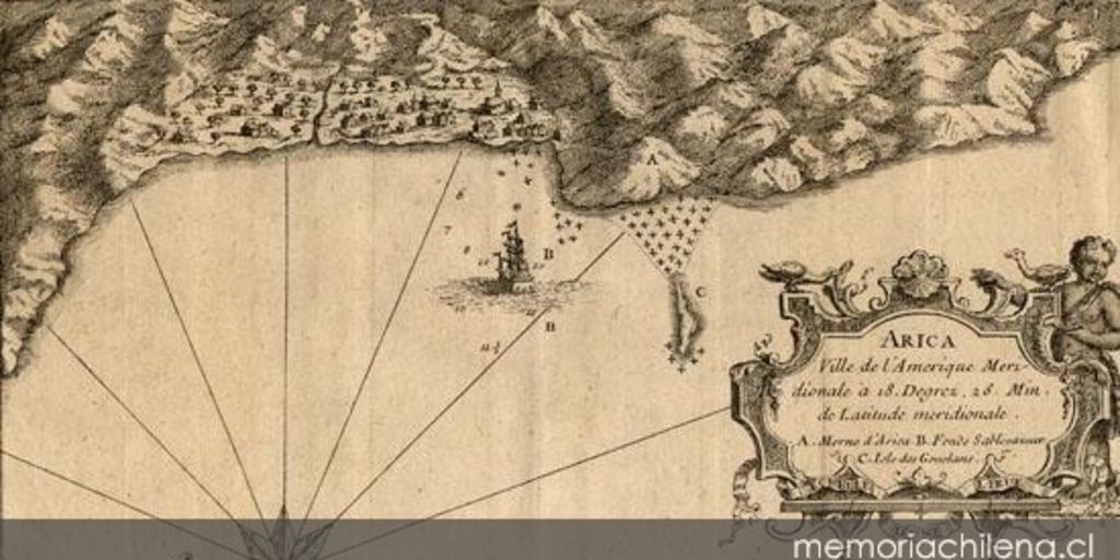 Arica [mapa], ville de l'Amerique Meridionale à 18 Degrez, 28. Min. de Latitude meridionale :A. Morne d'Arica. B. Fonds Sablevazeur. C. Isle des Gouelans