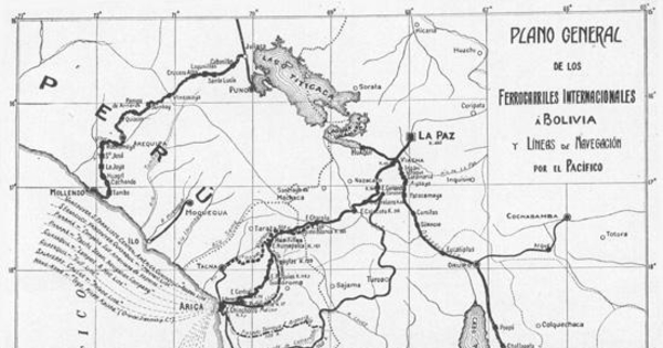 Plano general de los ferrocarroles internacionales a Bolivia y líneas de navegación por el Pacífico