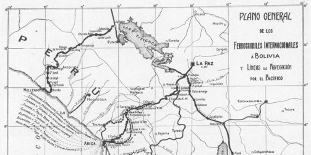 Plano general de los ferrocarroles internacionales a Bolivia y líneas de navegación por el Pacífico