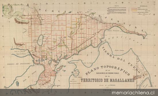 Plano topográfico de la hijuelación de los terrenos fiscales en el territorio de Magallanes, 1902