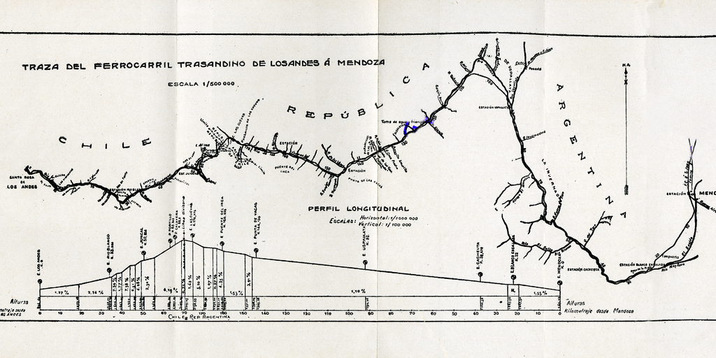 Traza del ferrocarril Trasandino de Los Andes a Mendoza, hacia 1900