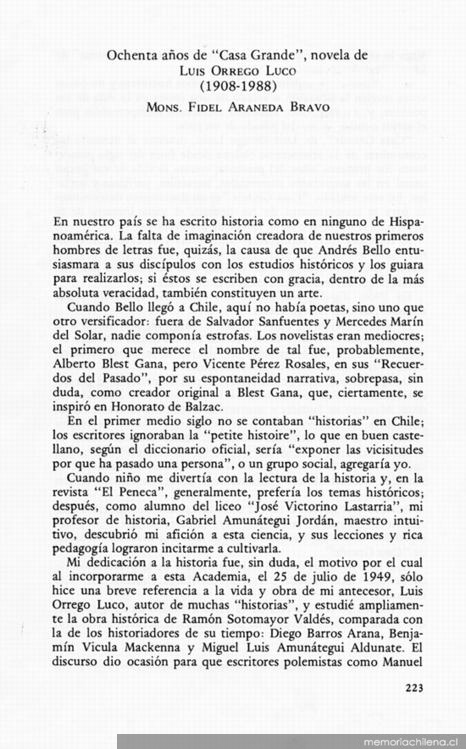 Ochenta años de Casa grande, novela de Luis Orrego Luco (1908-1988)