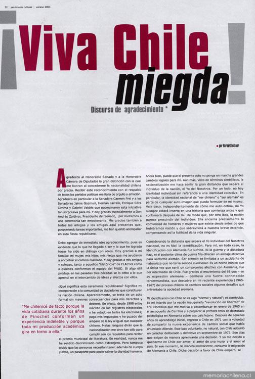 Viva Chile miegda! : discurso de agradecimiento