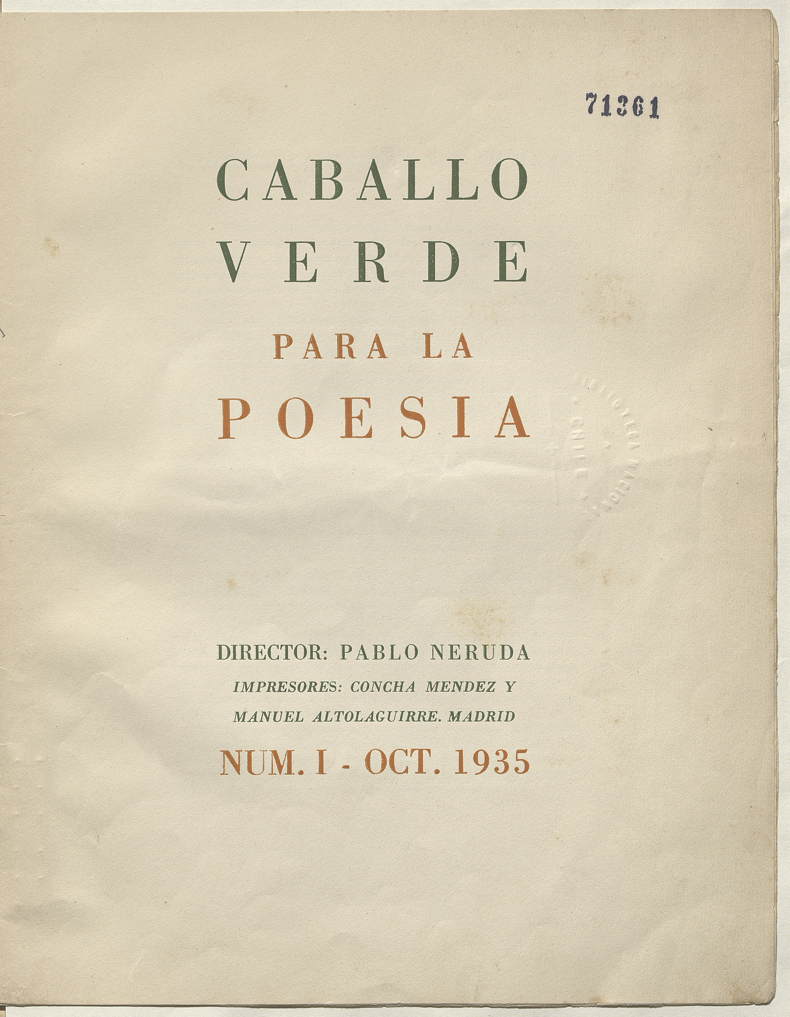 Portada de Caballo verde para la poesía. Número 1, octubre 1935