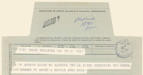 Telegrama de Camilo José Cela desde Palma de Mallorca, España a Pablo Neruda