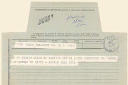 Telegrama de Camilo José Cela desde Palma de Mallorca, España a Pablo Neruda