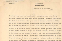 [Carta], 1927 dic. 12 Rangoon, Birmania <a> Joaquín Edwards Bello [manuscrito]