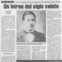 Un héroe del siglo veinte : hoy la FECH realiza homenaje al poeta anarquista José Domingo Gómez Rojas