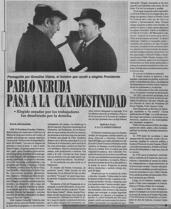 Pablo Neruda pasa a la clandestinidad