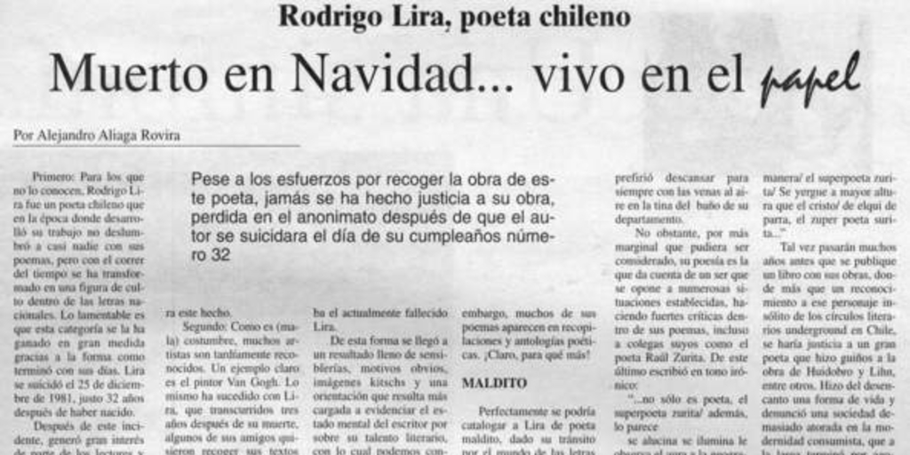 Rodrigo Lira, poeta chileno : muerto en Navidad, vivo en el papel