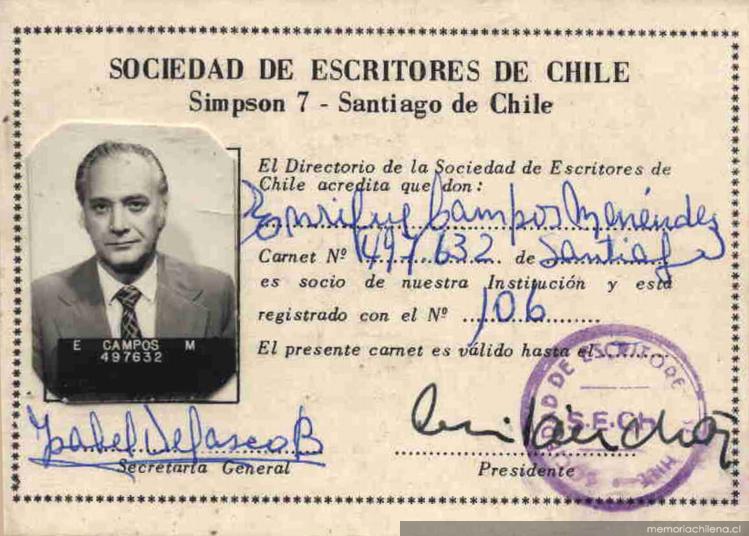 Carnet Sociedad de Escritores de Chile  de Enrique Campos Menéndez, 1960