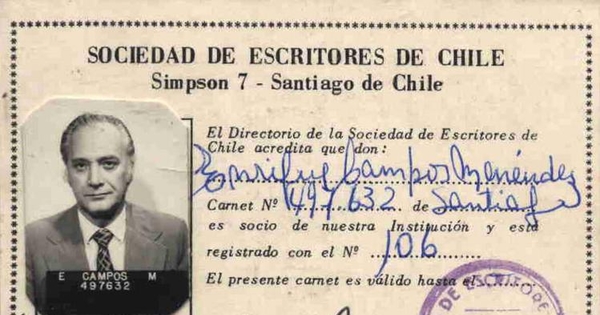 Carnet Sociedad de Escritores de Chile  de Enrique Campos Menéndez, 1960