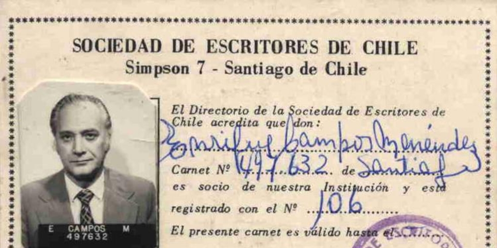 Carnet Sociedad de Escritores de Chile  de Enrique Campos Menéndez, 1960