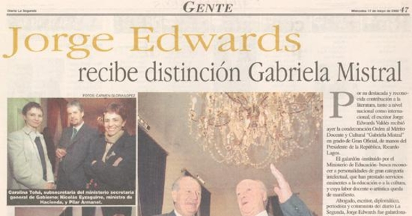 Jorge Edwards recibe distinción Gabriela Mistral