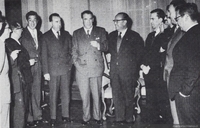 Recepción ofrecida por la Universidad de Concepción. Gonzalo Rojas, Alfredo Lefebvre, Galo Gómez, Juan Loveluck, Rodolfo Zañartu, Daniel Belmar, Víctor Solar, Luis Muñoz, René Cánovas y Enzo Mella, 1961