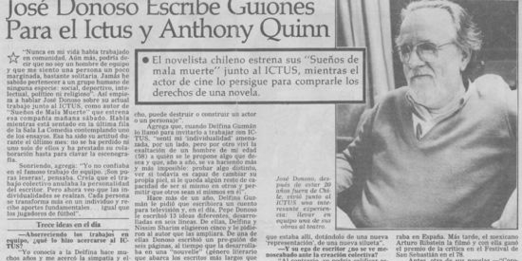 José Donoso escribe guiones para el Ictus y Anthony Quinn