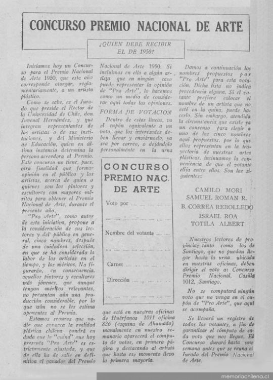 Concurso Premio Nacional de Arte ¿Quién debe recibir el de 1950?