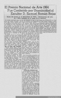 El Premio Nacional de Arte 1964 fue Conferido por Unanimidad al Escultor Samuel Román