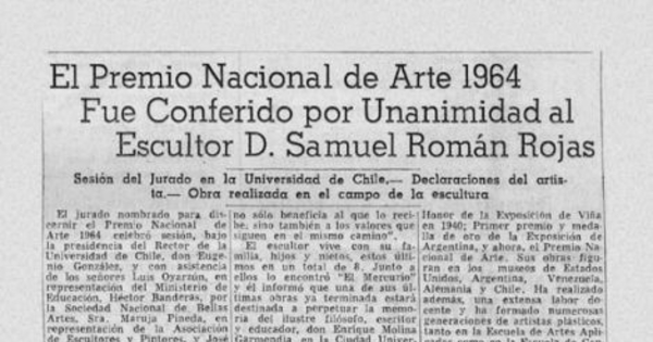 El Premio Nacional de Arte 1964 fue Conferido por Unanimidad al Escultor Samuel Román