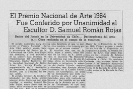 El Premio Nacional de Arte 1964 fue Conferido por Unanimidad al Escultor Samuel Román