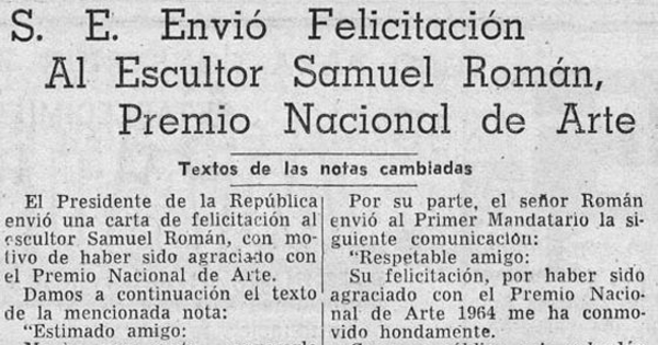 S.E. envió felicitación al escultor Samuel Román, Premio Nacional de Arte