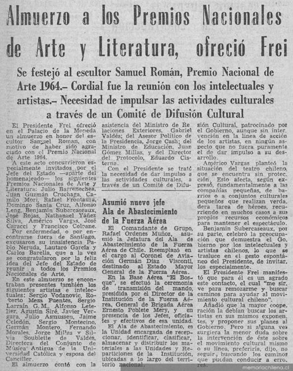 Almuerzo a los premios nacionales de arte y literatura, ofreció Frei