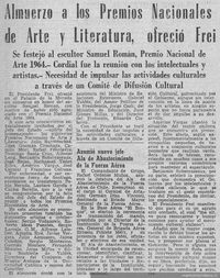 Almuerzo a los premios nacionales de arte y literatura, ofreció Frei