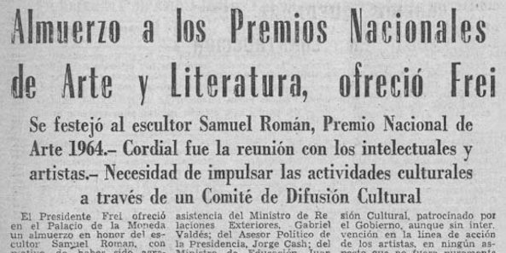 Almuerzo a los premios nacionales de arte y literatura, ofreció Frei