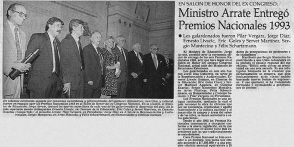 Ministro Arrate entregó Premios Nacionales 1993 en Salón de Honor del Ex Congreso
