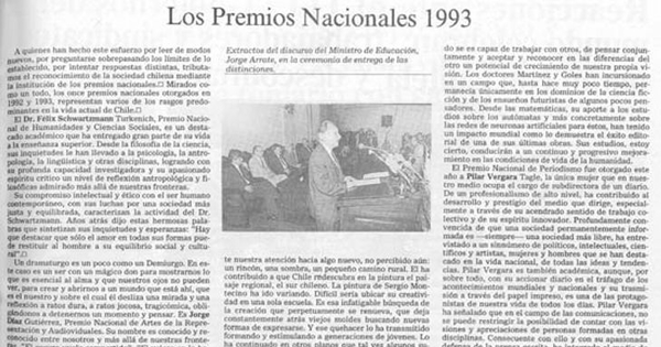 Los Premios Nacionales 1993 : extractos del discurso del Ministro de Educación Jorge Arrate, en la ceremonia de entrega de las distinciones