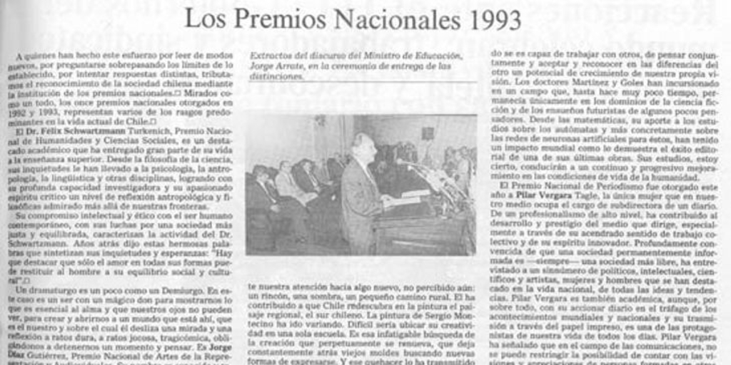 Los Premios Nacionales 1993 : extractos del discurso del Ministro de Educación Jorge Arrate, en la ceremonia de entrega de las distinciones