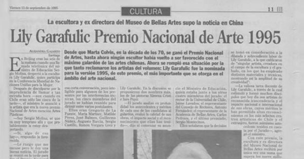 Lili Garafulic, Premio Nacional de Arte 1995