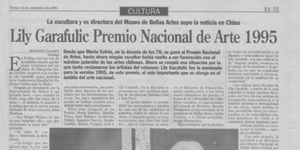 Lili Garafulic, Premio Nacional de Arte 1995