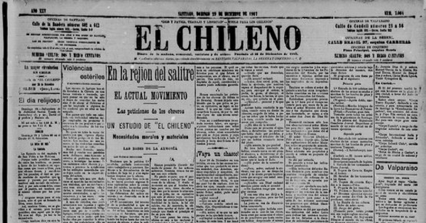 En la rejión del salitre. El actual movimiento. Las peticiones de los obreros. Un estudio de El Chileno. Necesidades morales y materiales. Las bases de la armonía