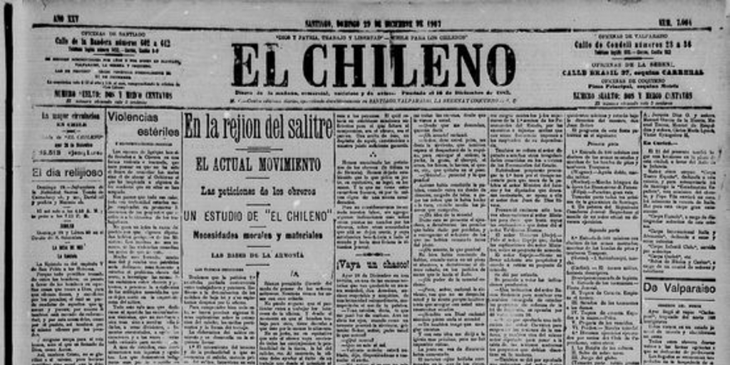 En la rejión del salitre. El actual movimiento. Las peticiones de los obreros. Un estudio de El Chileno. Necesidades morales y materiales. Las bases de la armonía
