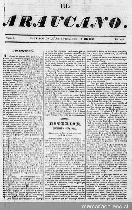 El Araucano: n° 1, 17 de septiembre de 1830