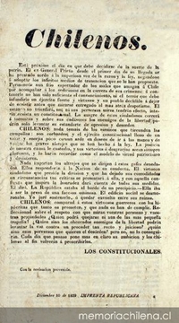 Chilenos. Está próximo el día en que debe decidirse de la suerte de la patria. El ex-general Prieto ... diciembre 10 de 1829