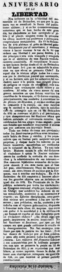 Aniversario de la Libertad, El Araucano, Santiago de Chile, 17 de septiembre de 1831, n° 53