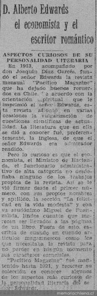 D. Alberto Edwards el economista y el escritor romántico : aspectos curiosos de su personalidad literaria