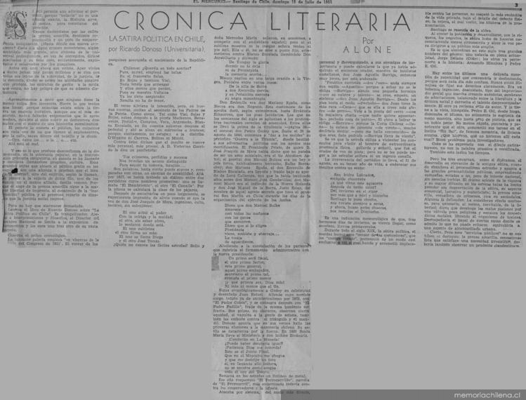 Crónica literaria : La sátira política en Chile por Ricardo Donoso