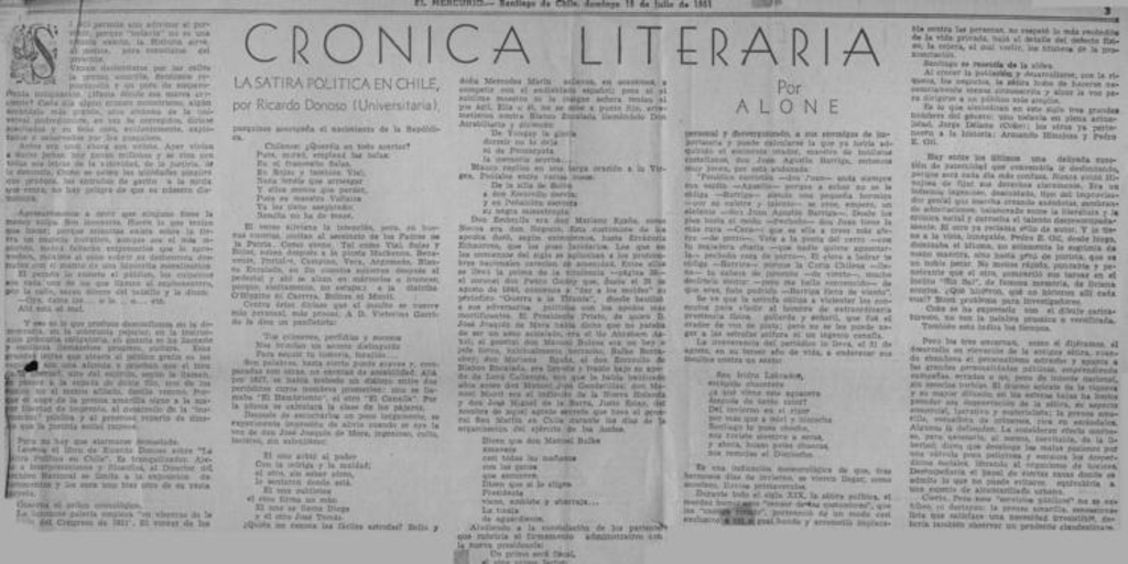 Crónica literaria : La sátira política en Chile por Ricardo Donoso