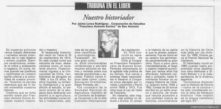 Tribuna en El Líder : nuestro historiador