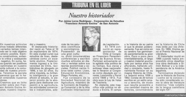 Tribuna en El Líder : nuestro historiador