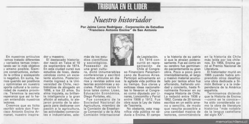 Tribuna en El Líder : nuestro historiador