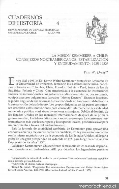 La misión Kemmerer a Chile : consejeros norteamericanos, estabilización y endeudamiento