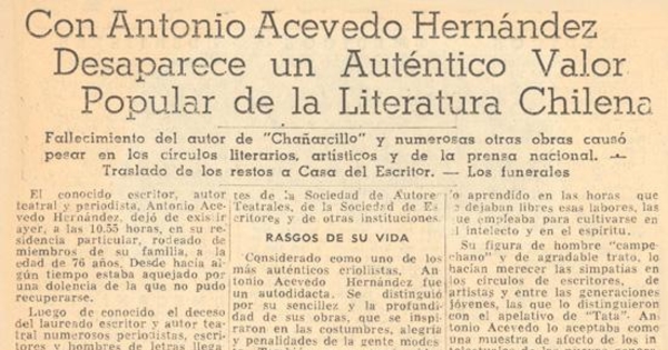 Con Antonio Acevedo Hernández desaparece un auténtico valor popular de la literatura chilena